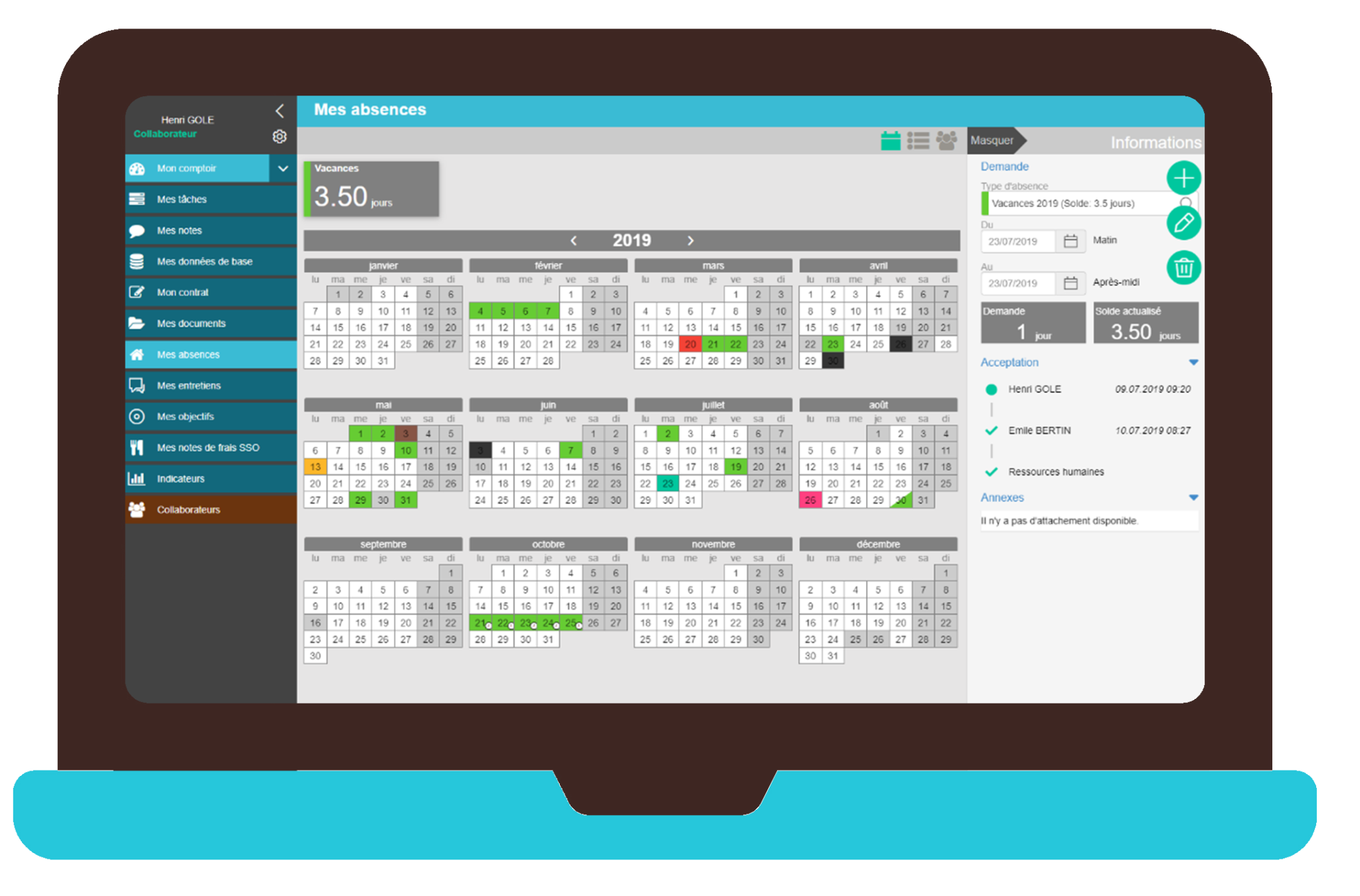 écran présentant la solution HR Café et son application pour la gestion des congés et gestion des absences